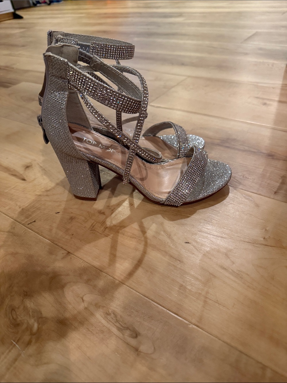 TOP Moda Silver Glitter Strappy Block Heel Sandals with Rhinestones